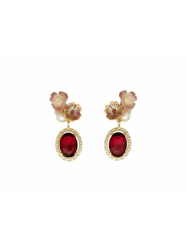 CRUSSTIQUE_GOLD�_Floral_Drop_Earrings,_Gold_Tone,_Red_Gemstone,_Pearl_Accents,_Dangle_Style