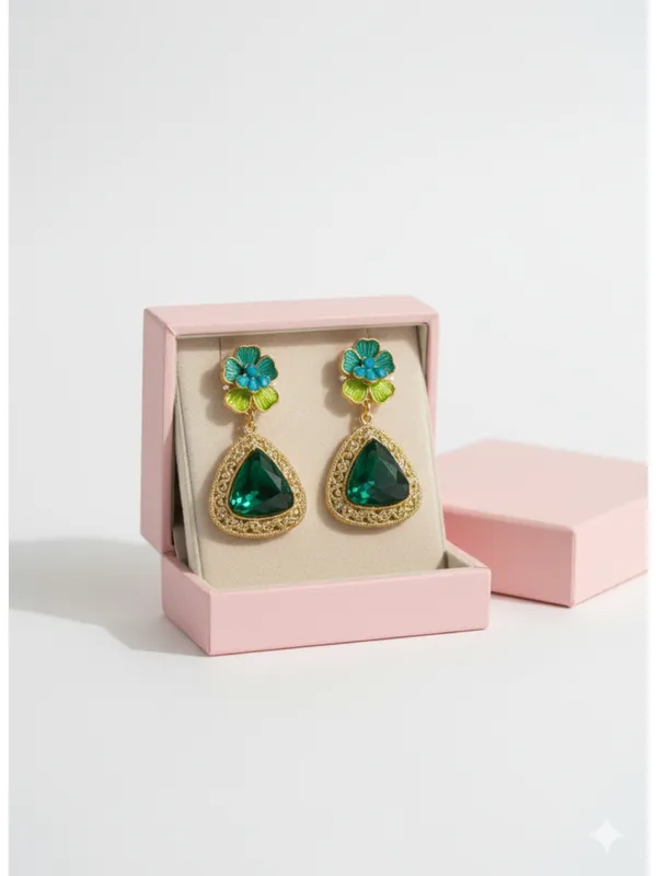 CRUSSTIQUE_GOLD�_Floral_Drop_Earrings,_Teal_Green_Triangle_Stone,_Gold-Tone_Frame,_Dangle_Style