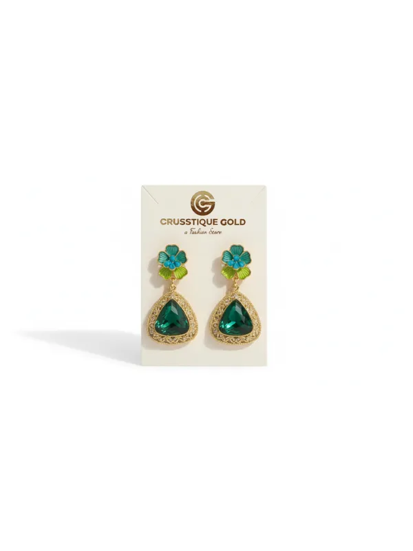CRUSSTIQUE_GOLD�_Floral_Drop_Earrings,_Teal_Green_Triangle_Stone,_Gold-Tone_Frame,_Dangle_Style