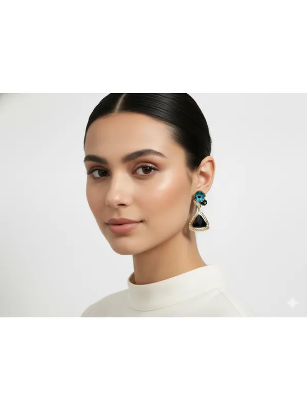 CRUSSTIQUE_GOLD�_Dangle_Drop_Earrings,_Black_Triangle_Stone_with_Turquoise_Blue_Floral_Studs,_Gold_Tone