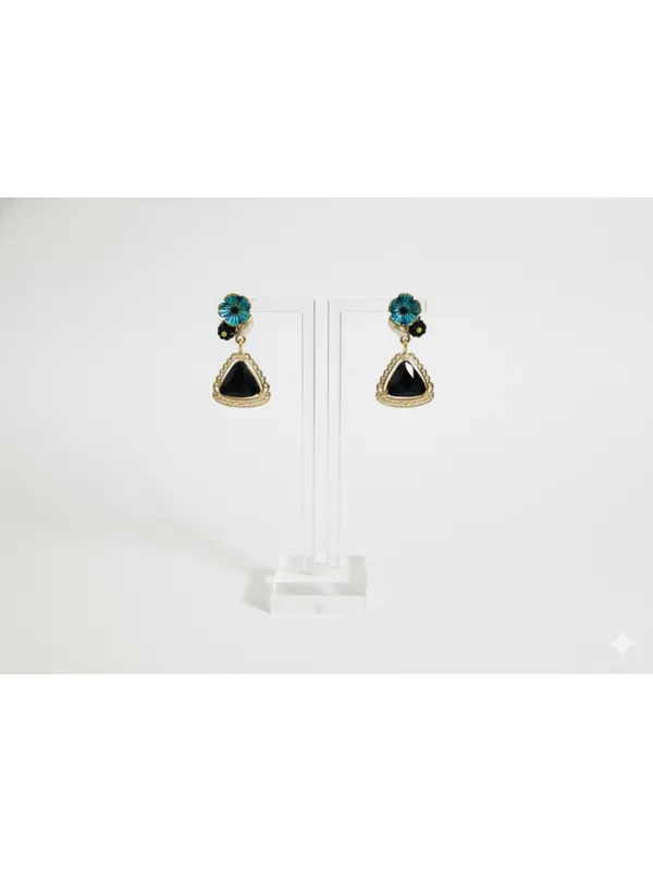 CRUSSTIQUE_GOLD�_Dangle_Drop_Earrings,_Black_Triangle_Stone_with_Turquoise_Blue_Floral_Studs,_Gold_Tone
