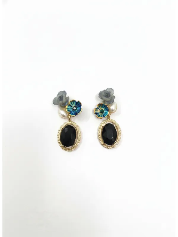 CRUSSTIQUE_GOLD�_Floral_Drop_Earrings,_Black_Oval_Stone,_Pearl_Accent,_Blue_Flower,_Gold_Tone_Frame,_Statement_Jewelry