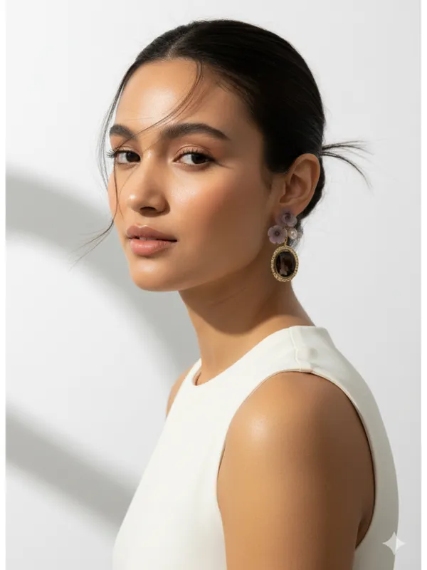 Crusstique_Gold_Floral_Drop_Earrings,_Gold_Tone,_Brown_Gemstone,_Pink_Flowers,_Pearl_Accents,_Dangle_Style