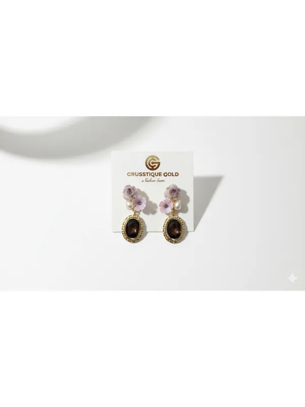 Crusstique_Gold_Floral_Drop_Earrings,_Gold_Tone,_Brown_Gemstone,_Pink_Flowers,_Pearl_Accents,_Dangle_Style