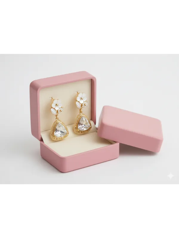 CRUSSTIQUE_GOLD�_Floral_Drop_Earrings,_Gold-Tone,_Triangle_Crystal_Pendant,_White_Flower_Studs,_Dangle_Style