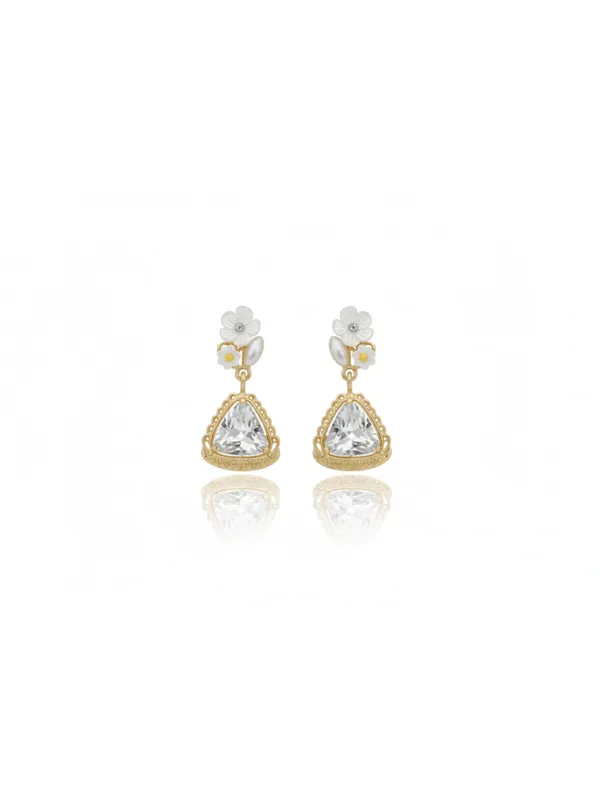 CRUSSTIQUE_GOLD�_Floral_Drop_Earrings,_Gold-Tone,_Triangle_Crystal_Pendant,_White_Flower_Studs,_Dangle_Style