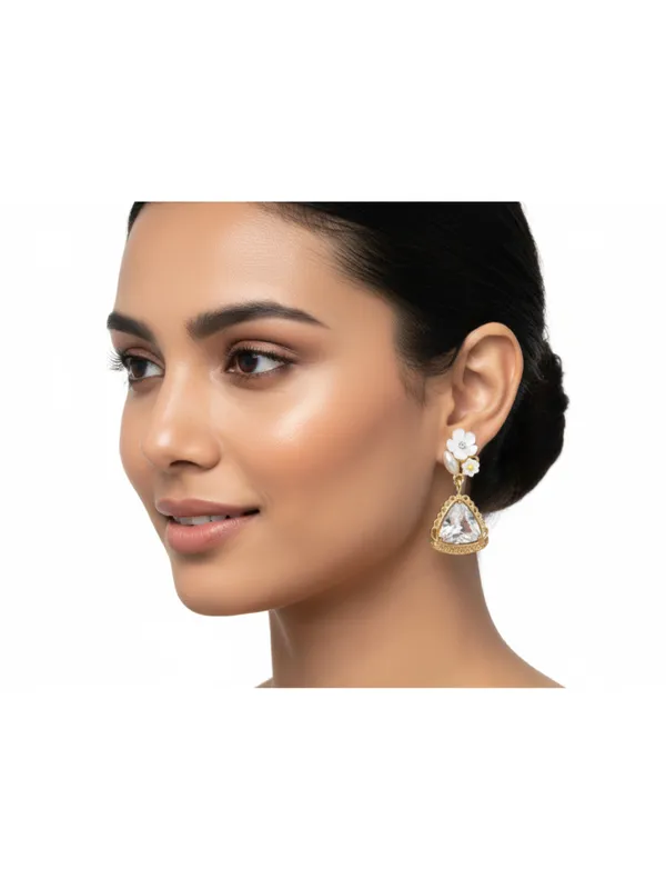 CRUSSTIQUE_GOLD�_Floral_Drop_Earrings,_Gold-Tone,_Triangle_Crystal_Pendant,_White_Flower_Studs,_Dangle_Style