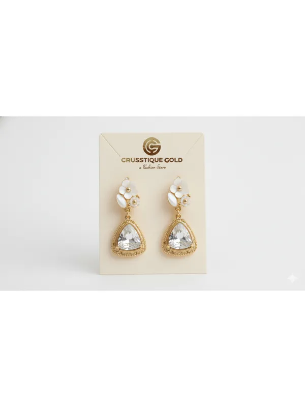 CRUSSTIQUE_GOLD�_Floral_Drop_Earrings,_Gold-Tone,_Triangle_Crystal_Pendant,_White_Flower_Studs,_Dangle_Style