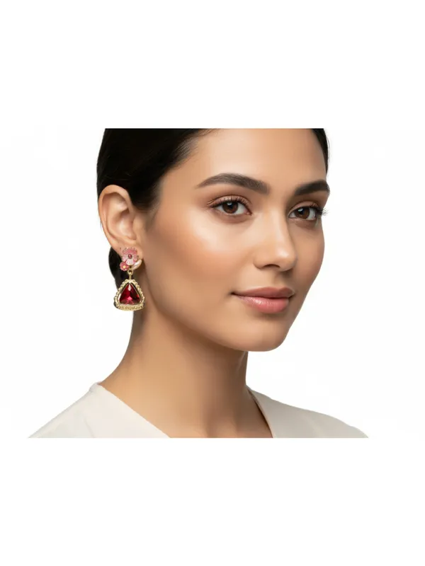 Crusstique_Gold_Floral_Drop_Earrings,_Red_Triangle_Crystal_Stone,_Gold_Tone,_Pink_Flower_Design,_Dangle_Style