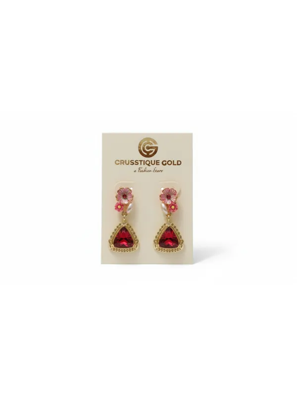 Crusstique_Gold_Floral_Drop_Earrings,_Red_Triangle_Crystal_Stone,_Gold_Tone,_Pink_Flower_Design,_Dangle_Style