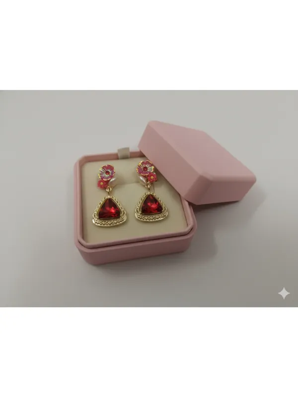 Crusstique_Gold_Floral_Drop_Earrings,_Red_Triangle_Crystal_Stone,_Gold_Tone,_Pink_Flower_Design,_Dangle_Style