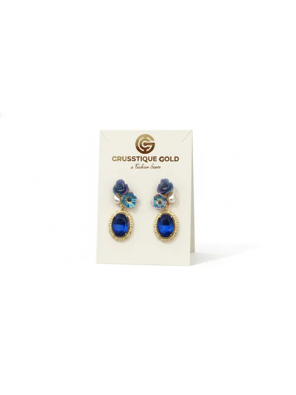 Crusstique_Gold_Drop_Earrings,_Blue_Crystal_Oval_Stone,_Gold_Tone,_Floral_Design_with_Pearls,_Dangle_Style
