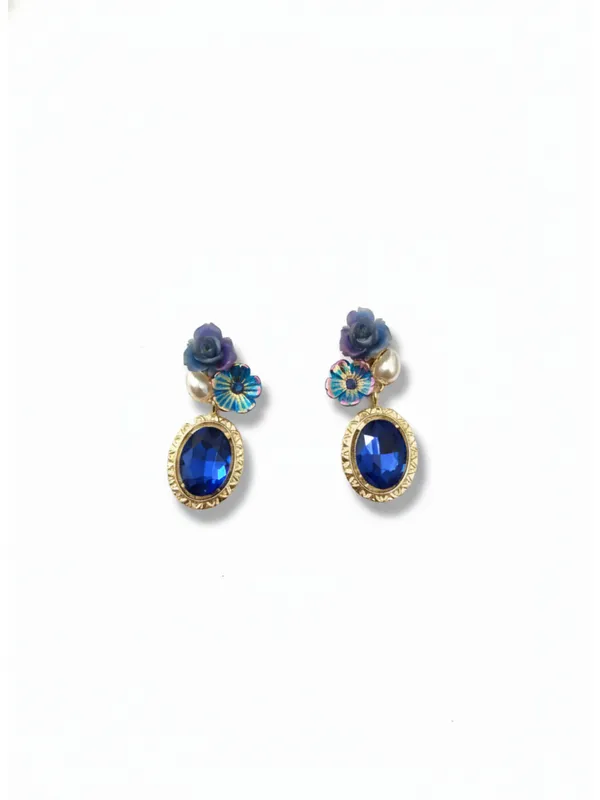 Crusstique_Gold_Drop_Earrings,_Blue_Crystal_Oval_Stone,_Gold_Tone,_Floral_Design_with_Pearls,_Dangle_Style