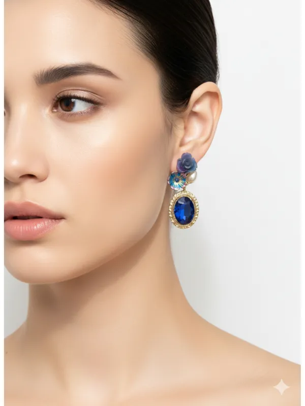 Crusstique_Gold_Drop_Earrings,_Blue_Crystal_Oval_Stone,_Gold_Tone,_Floral_Design_with_Pearls,_Dangle_Style