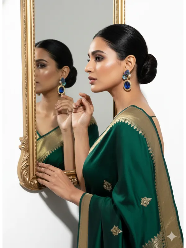 Crusstique_Gold_Drop_Earrings,_Blue_Crystal_Oval_Stone,_Gold_Tone,_Floral_Design_with_Pearls,_Dangle_Style