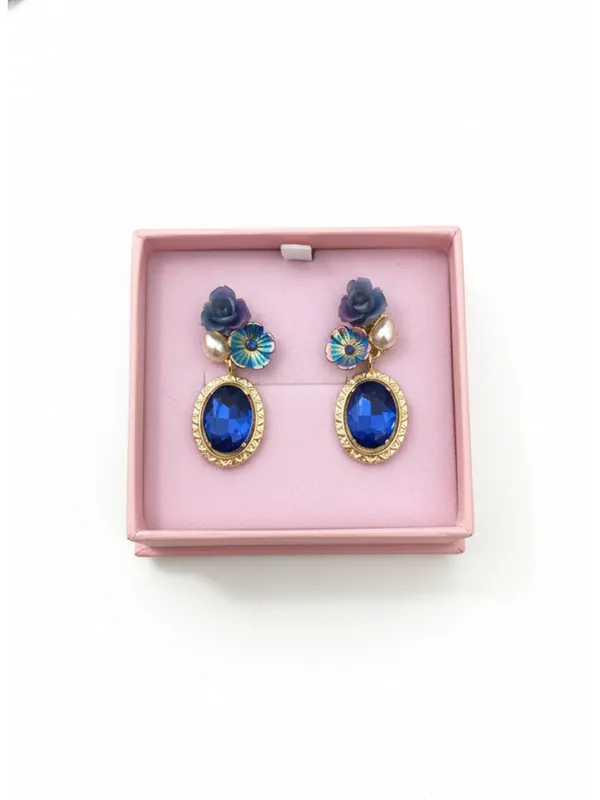 Crusstique_Gold_Drop_Earrings,_Blue_Crystal_Oval_Stone,_Gold_Tone,_Floral_Design_with_Pearls,_Dangle_Style