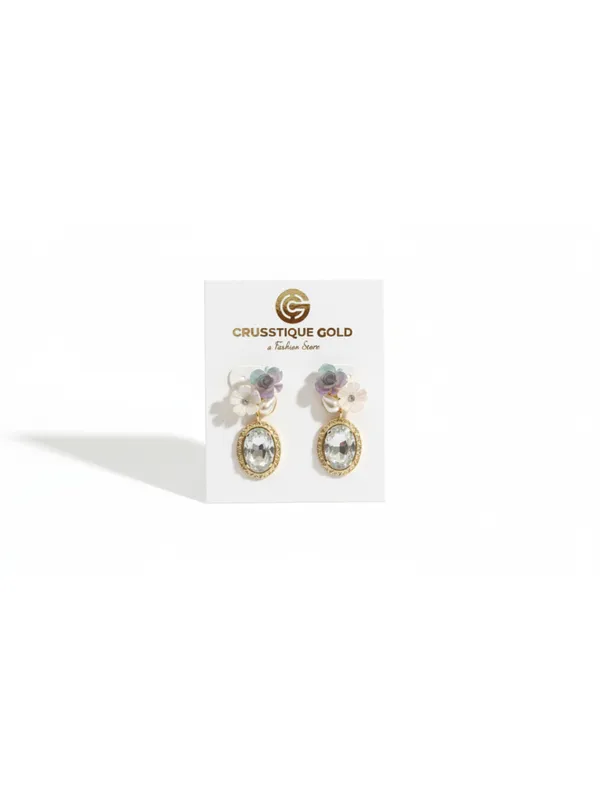 CRUSSTIQUE_GOLD�_Floral_Drop_Earrings,_Gold-Tone,_Crystal_Oval_Stone,_Pastel_Flowers,_Pearl_Accent,_Dangle_Style