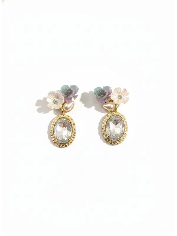 CRUSSTIQUE_GOLD�_Floral_Drop_Earrings,_Gold-Tone,_Crystal_Oval_Stone,_Pastel_Flowers,_Pearl_Accent,_Dangle_Style