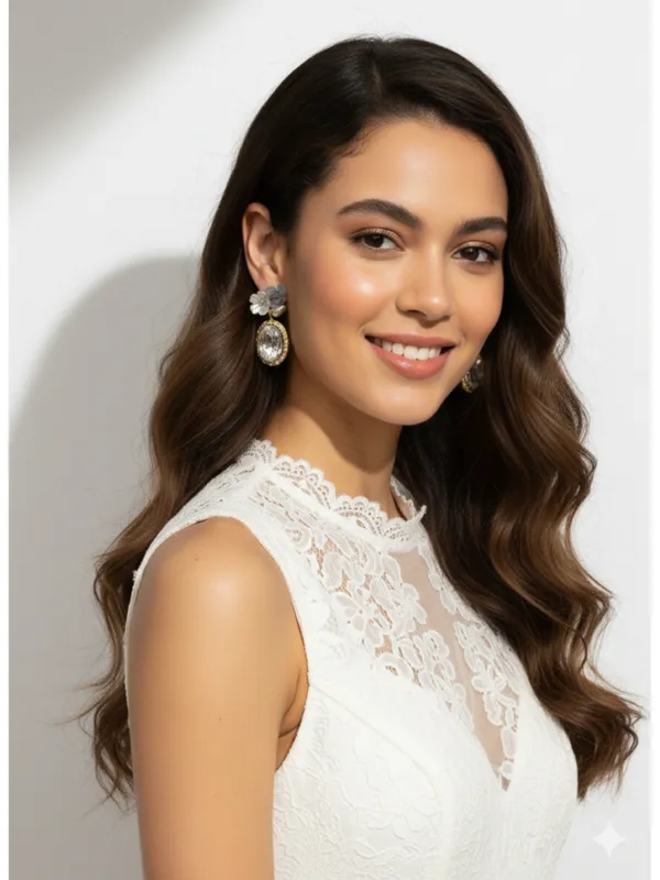 CRUSSTIQUE_GOLD�_Floral_Drop_Earrings,_Gold-Tone,_Crystal_Oval_Stone,_Pastel_Flowers,_Pearl_Accent,_Dangle_Style