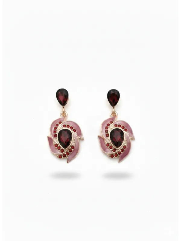 Crusstique_Gold_Drop_Earrings,_Pink_Enamel,_Red_Crystal_Stones,_Teardrop_Design,_Gold_Tone