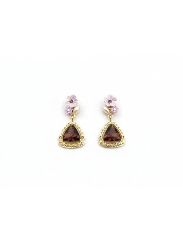 CRUSSTIQUE_GOLD�_Floral_Drop_Earrings,_Gold-Tone,_Purple_Flowers,_Brown_Triangle_Stone,_Dangle_Style