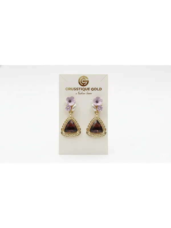 CRUSSTIQUE_GOLD�_Floral_Drop_Earrings,_Gold-Tone,_Purple_Flowers,_Brown_Triangle_Stone,_Dangle_Style