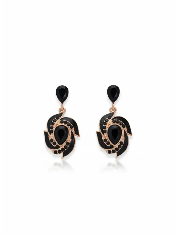 Crusstique_Gold_Black_Crystal_Drop_Earrings,_Rose_Gold_Tone,_Teardrop_Design,_Swirl_Pattern