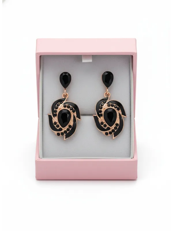Crusstique_Gold_Black_Crystal_Drop_Earrings,_Rose_Gold_Tone,_Teardrop_Design,_Swirl_Pattern