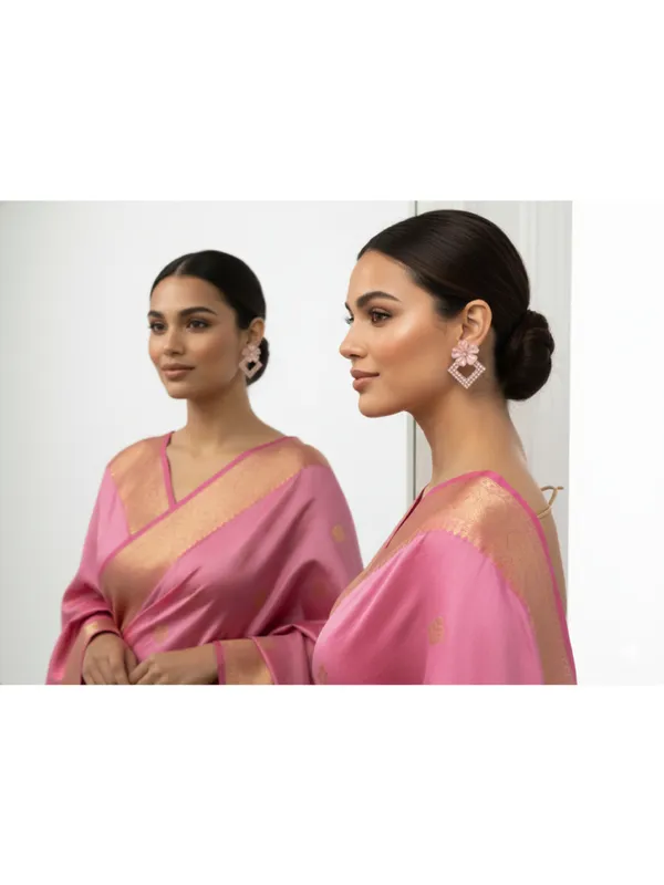 CRUSSTIQUE_GOLD�_Pink_Flower_Earrings_Square_Shape_with_Crystal_Diamond_Square_Drop,_Fashion_Jewelry