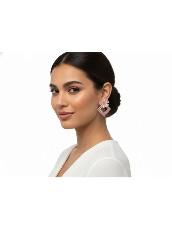 CRUSSTIQUE_GOLD�_Pink_Flower_Earrings_Square_Shape_with_Crystal_Diamond_Square_Drop,_Fashion_Jewelry