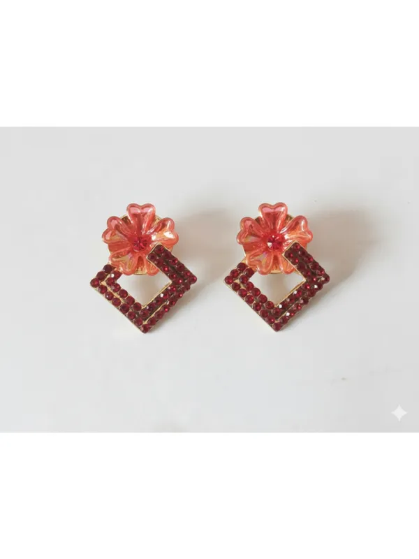 CRUSSTIQUE_GOLD�_Floral_Stud_Earrings_Square_Shape_with_Red_Rhinestone,_Pink_Acrylic_Flower_Design