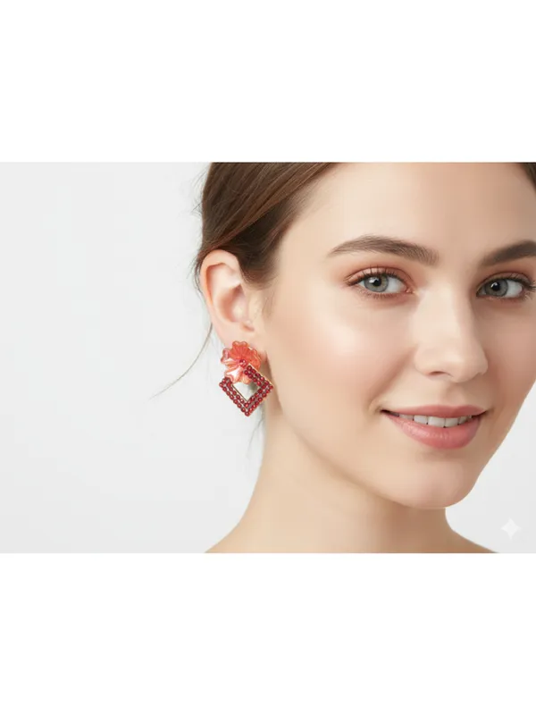 CRUSSTIQUE_GOLD�_Floral_Stud_Earrings_Square_Shape_with_Red_Rhinestone,_Pink_Acrylic_Flower_Design