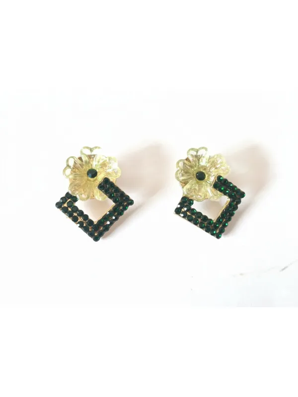 Crusstique_Gold_Floral_Drop_Earrings,_Green_Crystal_Square_Dangle,_Gold_Tone_Flower_Stud