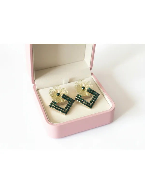 Crusstique_Gold_Floral_Drop_Earrings,_Green_Crystal_Square_Dangle,_Gold_Tone_Flower_Stud