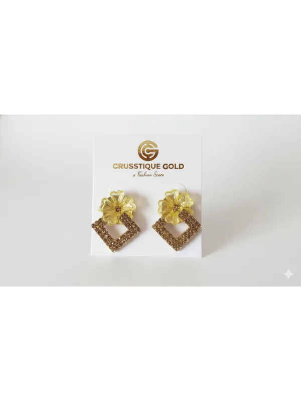 CRUSSTIQUE_GOLD�_Floral_Stud_Earrings_with_Square_Shape_Crystal_Drop,_Gold_and_Yellow,_Dangle_Style