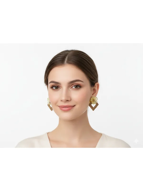 CRUSSTIQUE_GOLD�_Floral_Stud_Earrings_with_Square_Shape_Crystal_Drop,_Gold_and_Yellow,_Dangle_Style