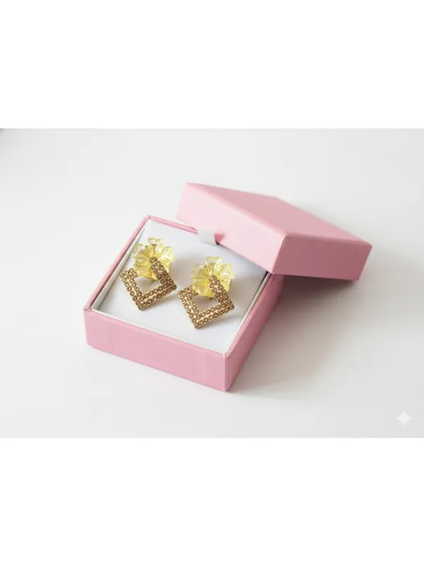 CRUSSTIQUE_GOLD�_Floral_Stud_Earrings_with_Square_Shape_Crystal_Drop,_Gold_and_Yellow,_Dangle_Style