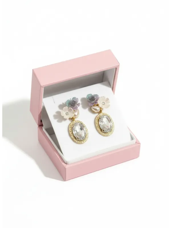 CRUSSTIQUE_GOLD�_Floral_Drop_Earrings,_Black_Oval_Stone,_Pearl_Accent,_Blue_Flower,_Gold_Tone_Frame