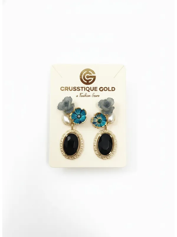 CRUSSTIQUE_GOLD�_Floral_Drop_Earrings,_Gold_Tone,_Brown_Gemstone,_Pearl_Accent,_Pink_Flowers