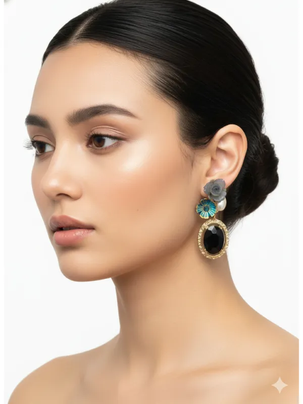 CRUSSTIQUE_GOLD�_Floral_Drop_Earrings,_Gold_Tone,_Brown_Gemstone,_Pearl_Accent,_Pink_Flowers