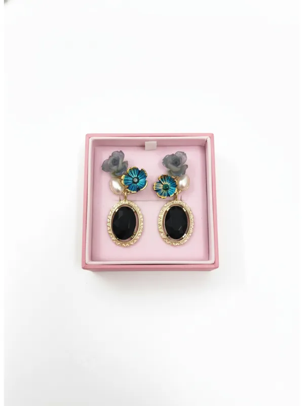 CRUSSTIQUE_GOLD�_Floral_Drop_Earrings,_Gold_Tone,_Brown_Gemstone,_Pearl_Accent,_Pink_Flowers