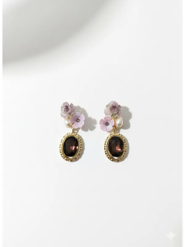 CRUSSTIQUE_GOLD�_Floral_Drop_Earrings,_Gold_Tone,_Red_Crystal_Stone,_Pearl_Accents,_Dangle_Style