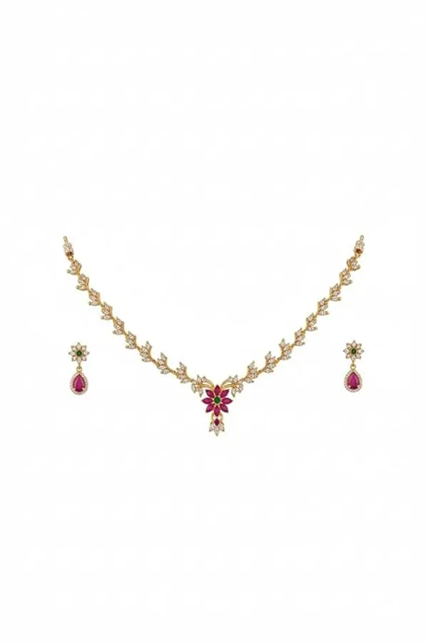 CRUSSTIQUE_GOLD�_Gold_Plated_Necklace_Set_with_Earrings,_Ruby_Pink_and_Green_Stone_Floral_Design,_CZ_Diamond_Embellished_Jewelry_Set