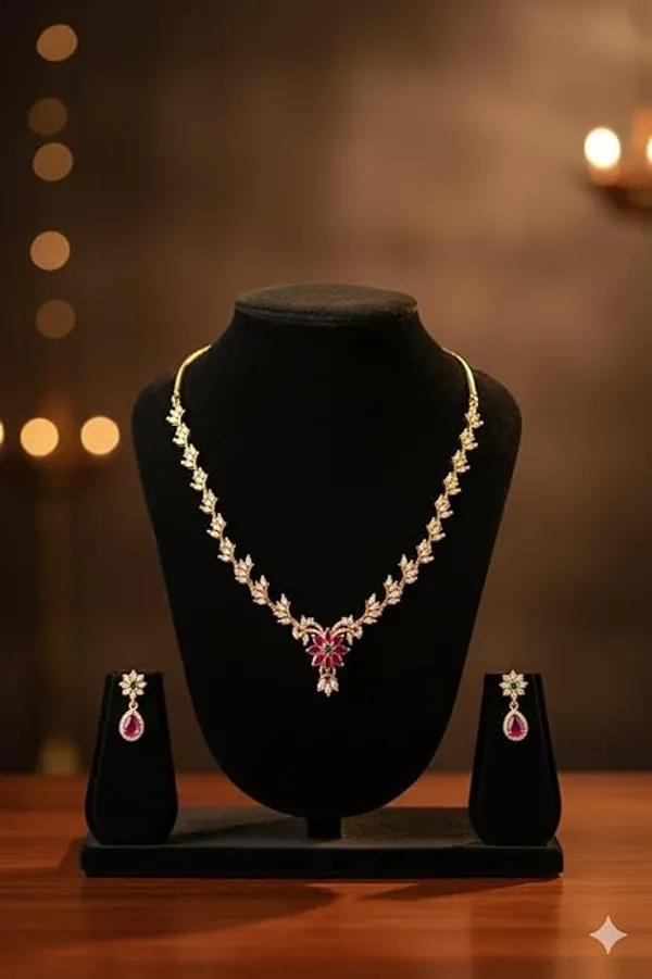 CRUSSTIQUE_GOLD�_Gold_Plated_Necklace_Set_with_Earrings,_Ruby_Pink_and_Green_Stone_Floral_Design,_CZ_Diamond_Embellished_Jewelry_Set