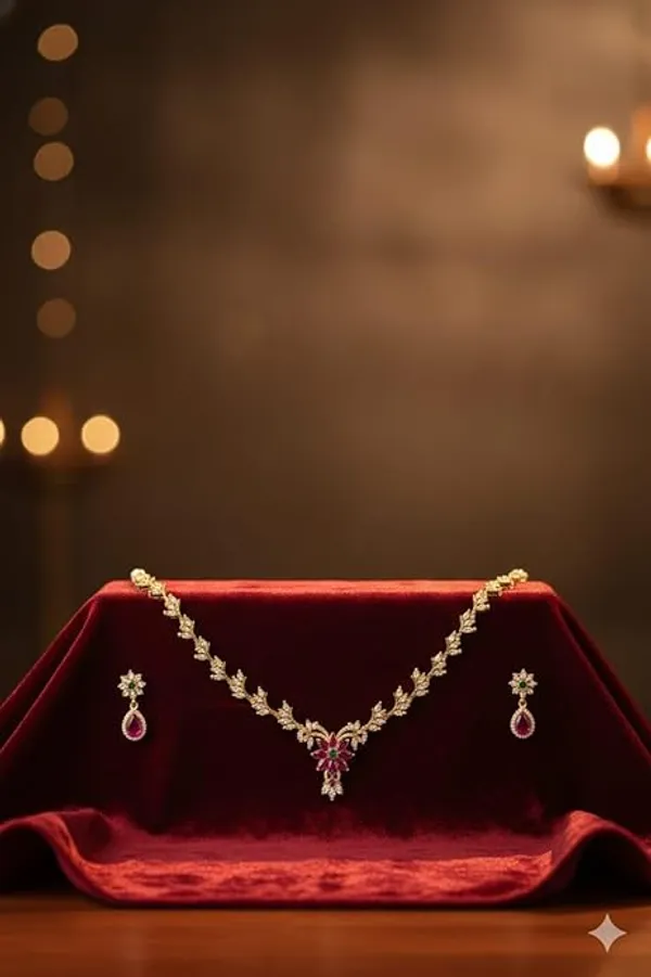 CRUSSTIQUE_GOLD�_Gold_Plated_Necklace_Set_with_Earrings,_Ruby_Pink_and_Green_Stone_Floral_Design,_CZ_Diamond_Embellished_Jewelry_Set