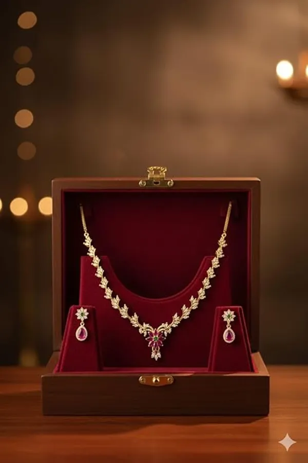CRUSSTIQUE_GOLD�_Gold_Plated_Necklace_Set_with_Earrings,_Ruby_Pink_and_Green_Stone_Floral_Design,_CZ_Diamond_Embellished_Jewelry_Set