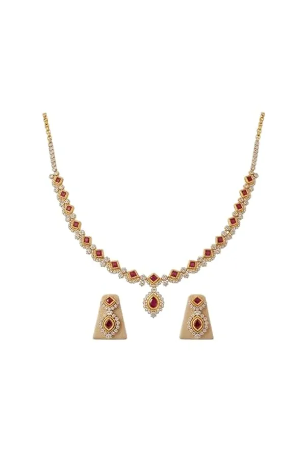 CRUSSTIQUE_GOLD�_Gold_Plated_Necklace_and_Earrings_Set,_Ruby_Red_Stone,_American_Diamond,_Bridal_Jewelry,_with_Wooden_Box