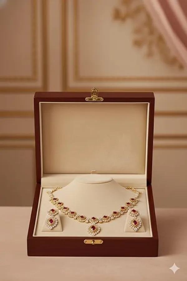 CRUSSTIQUE_GOLD�_Gold_Plated_Necklace_and_Earrings_Set,_Ruby_Red_Stone,_American_Diamond,_Bridal_Jewelry,_with_Wooden_Box