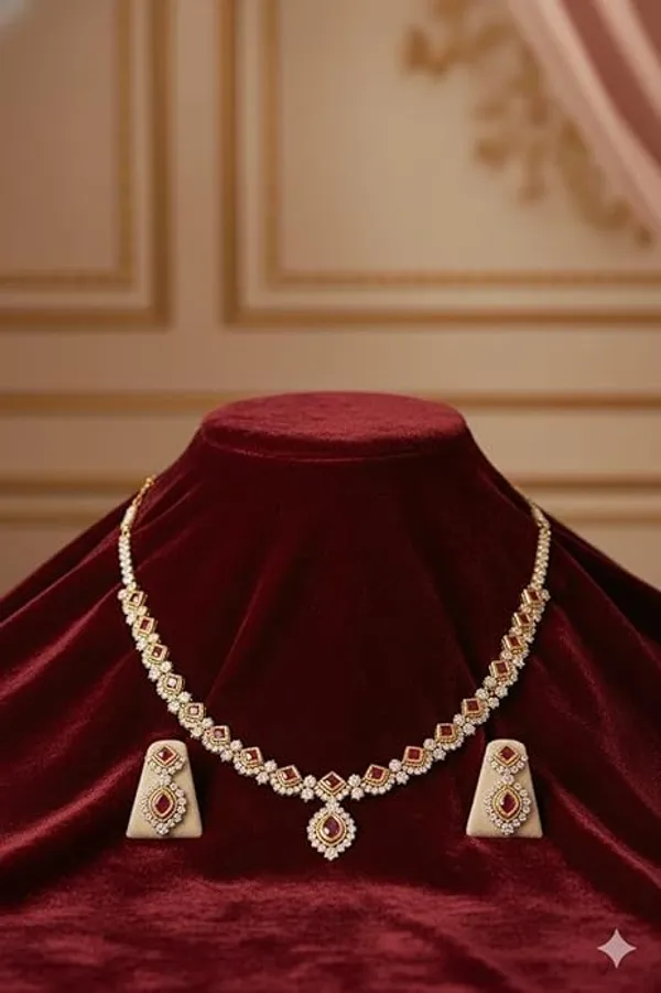 CRUSSTIQUE_GOLD�_Gold_Plated_Necklace_and_Earrings_Set,_Ruby_Red_Stone,_American_Diamond,_Bridal_Jewelry,_with_Wooden_Box