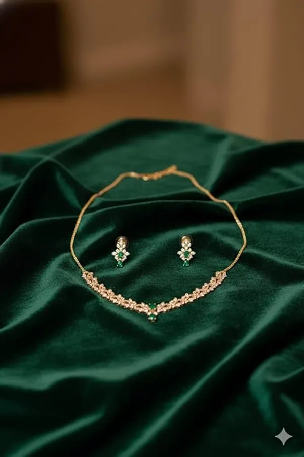 CRUSSTIQUE_GOLD�_Gold_Tone_Necklace_and_Earrings_Set_with_Green_Stones,_Crystal_Embellished_Jewelry_Set